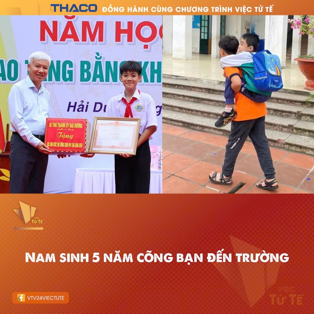 Nguyễn Thế Cường, lớp 6G Trường THCS Ngô Gia Tự (TP Hải Dương, Hải Dương) có hành trình 5 năm cõng bạn đến trường. Làm đôi chân của bạn